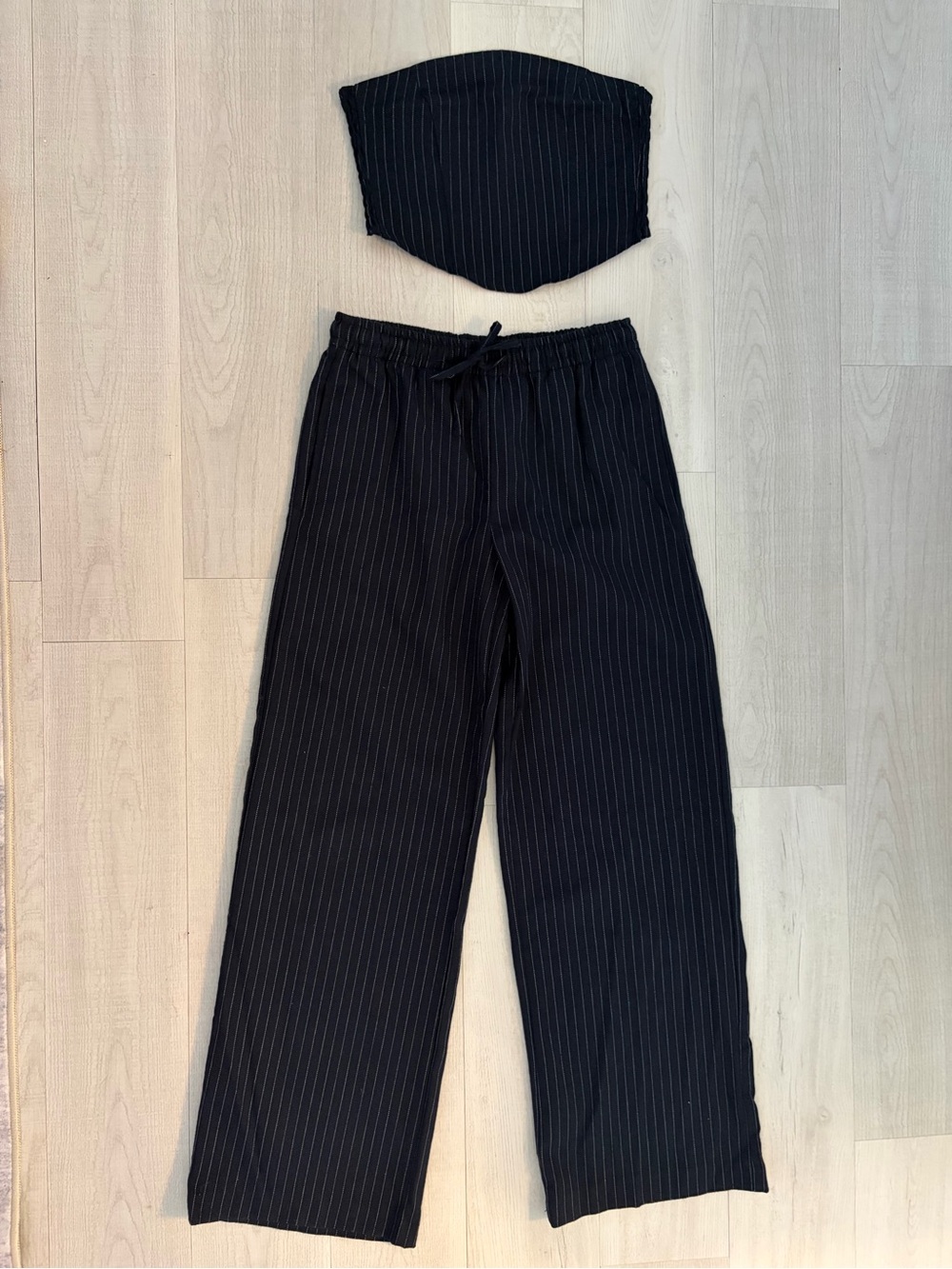 Navy Pinstripe Set. Wide-leg drawstring pant with strapless top